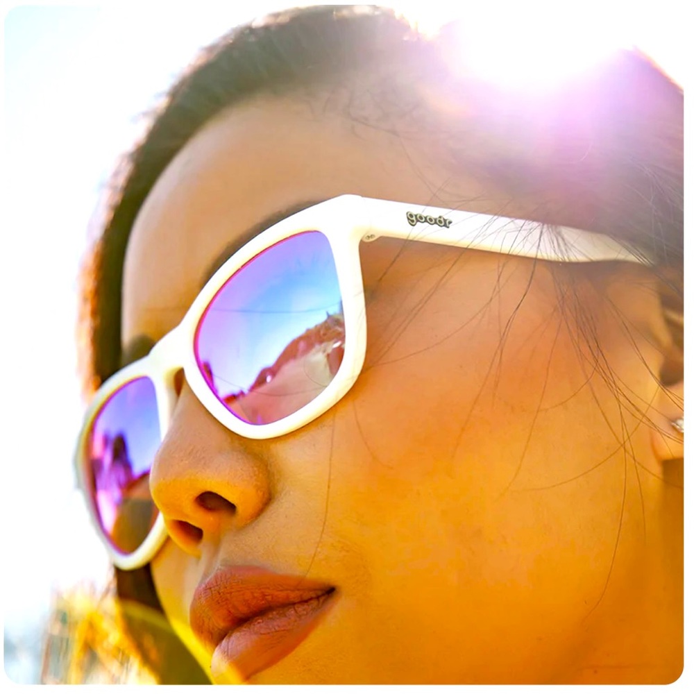 Goodr polarized sunglasses in Au Revoir, Gopher pink and white
